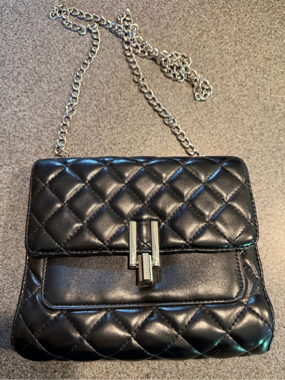Black Quilted Chain Strap Crossbody Bag Turn Lock Purse